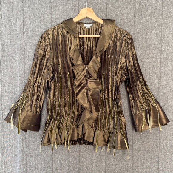Jaipur Olive Green Ruffle Collar Velvet Ribbon Beaded Bell Sleeve Blouse Size M - Picture 1 of 12
